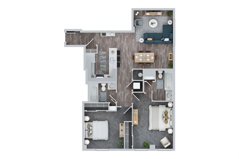 Floor plan for 2 beds, 2 baths, 1044 sqft